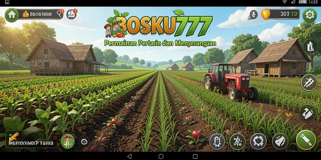 Tampilan gameplay BOSKU777 dengan pertanian yang indah dan beragam tanaman.