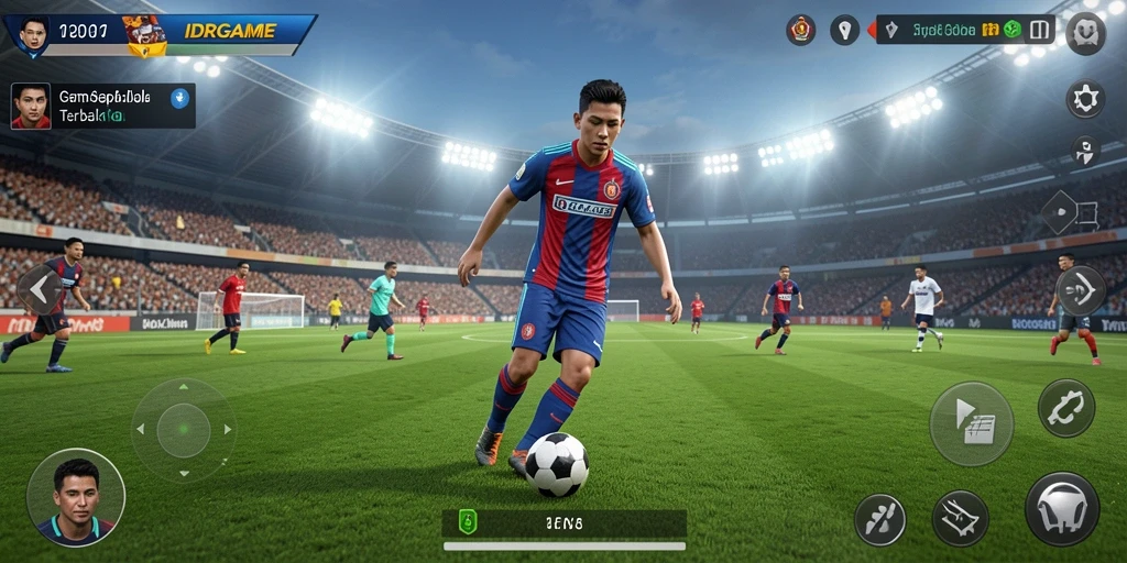 Tangkapan layar utama dari gameplay sepak bola yang menegangkan.
