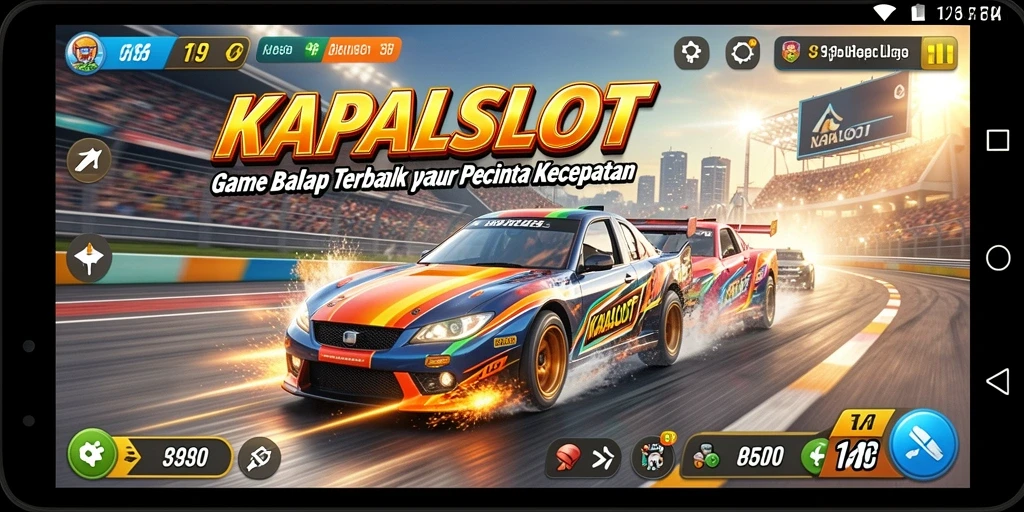 Tampilan gameplay KAPALSLOT dengan mobil balap cepat di lintasan menantang.