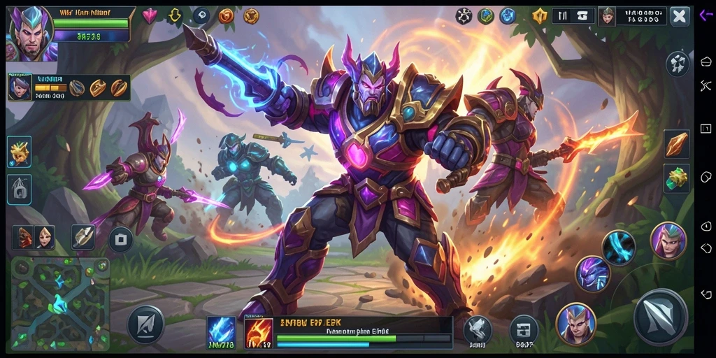 Tampilan gameplay menarik dengan pertarungan karakter di arena MOBA.